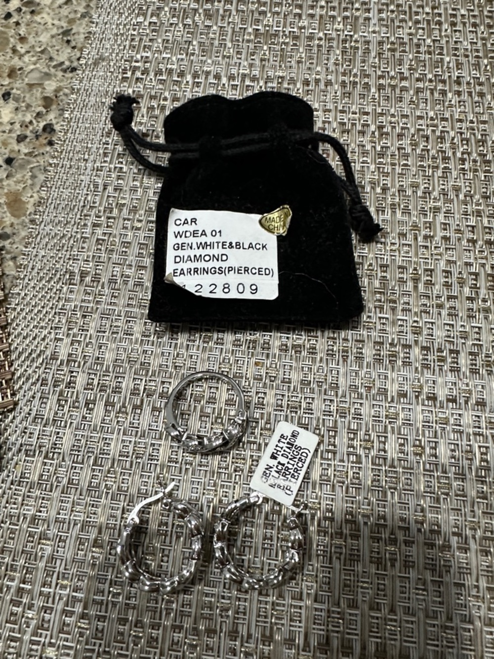 White & Black Diamond Hoop Earrings with Ring - Silver Tone